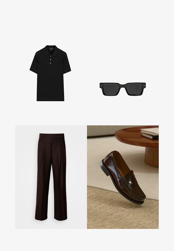 Czarna koszulka polo z prążkowanym wzorem, krótkimi rękawami, płaskim kołnierzykiem i zapięciem na trzy guziki. Prosty i klasyczny design.; Brązowe spodnie o prostym kroju, z przodu plisą, gładką fakturą i klasycznym paskiem w talii. Idealne na formalne okazje.; Brązowe skórzane mokasyny o błyszczącym wykończeniu, z przeszyciem z przodu i niskoprofilową czarną gumową podeszwą.; Czarne prostokątne okulary przeciwsłoneczne z ciemnymi soczewkami, błyszcząca plastikowa oprawka i małe akcenty z logo na zausznikach. Płaski profil i ostre krawędzie.