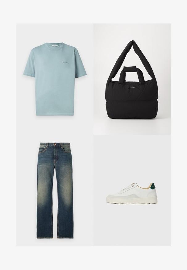 Svijetloplava pamučna majica s okruglim izrezom, kratkim rukavima i malim logom "TIGER OF SWEDEN" na lijevoj strani prsnog koša. Glatka tekstura.; Traperice ravnog kroja u plavoj boji s izblijedjelim završetkom, kontrastnim šavovima, pet džepova i tradicionalnim zatvaranjem na gumb i patentni zatvarač.; Bijele tenisice s akcentima od antilopa, zaobljenim vrhom, ravnim vezicama i krem gumenim potplatom. Imaju zelenu oznaku na peti.; Crna podstavljena torba s širokim, mekanim remenom za rame i ručkom na vrhu. Ima patentni zatvarač i suptilan logo na prednjoj strani.