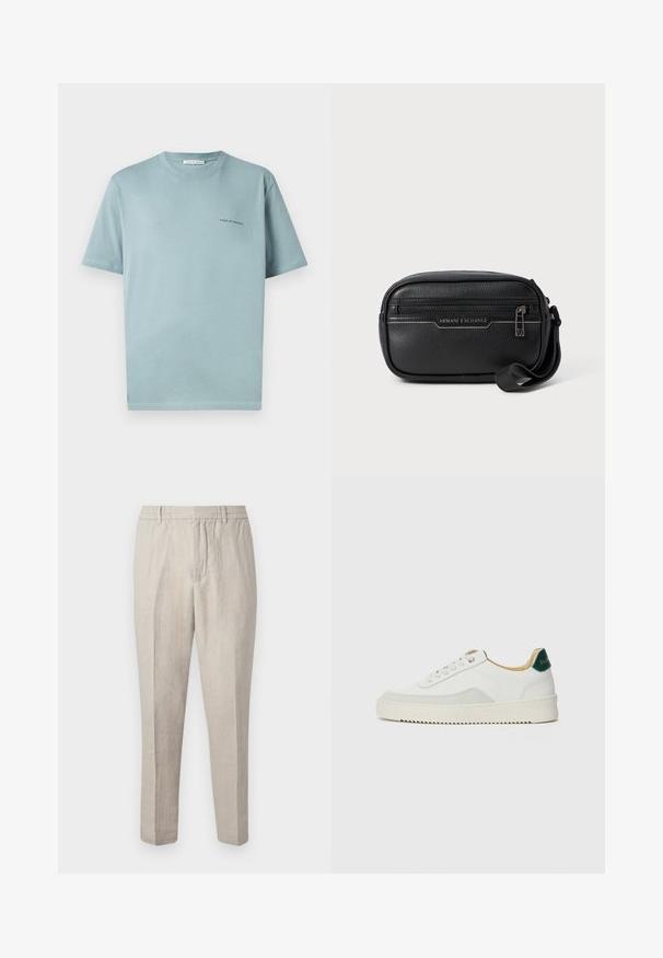 Light blue cotton T-shirt with a crew neck, short sleeves, and a small "TIGER OF SWEDEN" logo on the left chest. Smooth texture.; Light beige linen trousers with a relaxed fit, featuring a drawstring waist, tapered legs, and subtle texture throughout the fabric.; White sneaker with suede accents, rounded toe, flat laces, and a cream rubber sole. Features green branding on the heel.; Black leather crossbody bag with zip closure, textured surface, and silver hardware. Features "Armani Exchange" logo on the front.