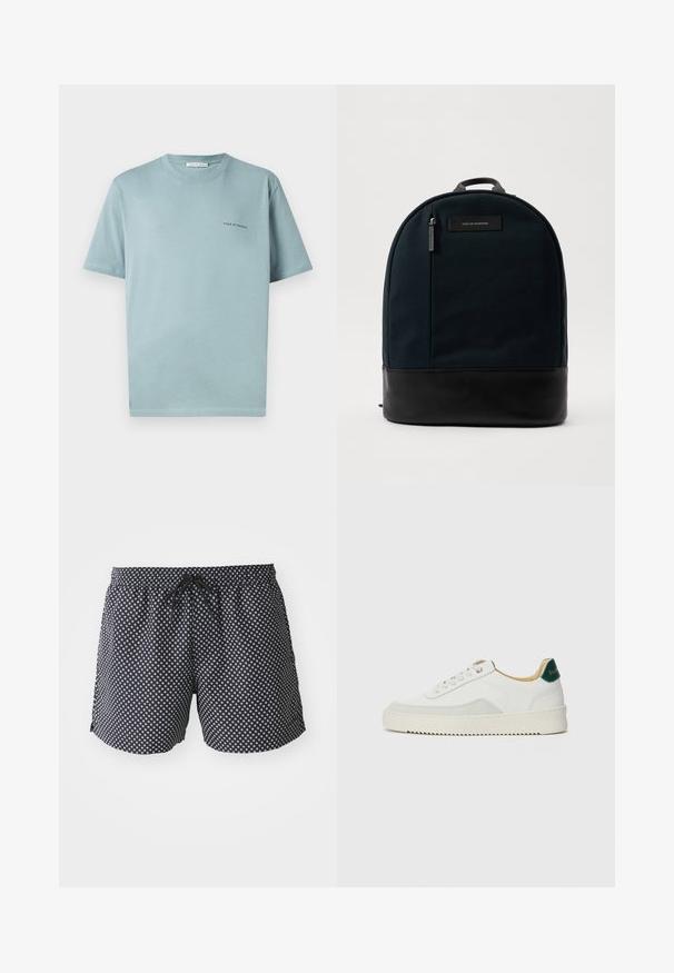 Svijetloplava pamučna majica s okruglim izrezom, kratkim rukavima i malim logom "TIGER OF SWEDEN" na lijevoj strani prsnog koša. Glatka tekstura.; Crne plivačke kratke hlače s bijelim kružnim uzorkom, elastičnim pojasom s vezicom i slobodnim krojem za udobnost.; Bijele tenisice s akcentima od antilopa, zaobljenim vrhom, ravnim vezicama i krem gumenim potplatom. Imaju zelenu oznaku na peti.; Ruksak s tamnozelenim tekstilnim tijelom i crnom kožnom podlogom. Ima ručku na vrhu i prednju zakačenicu s označivačem.