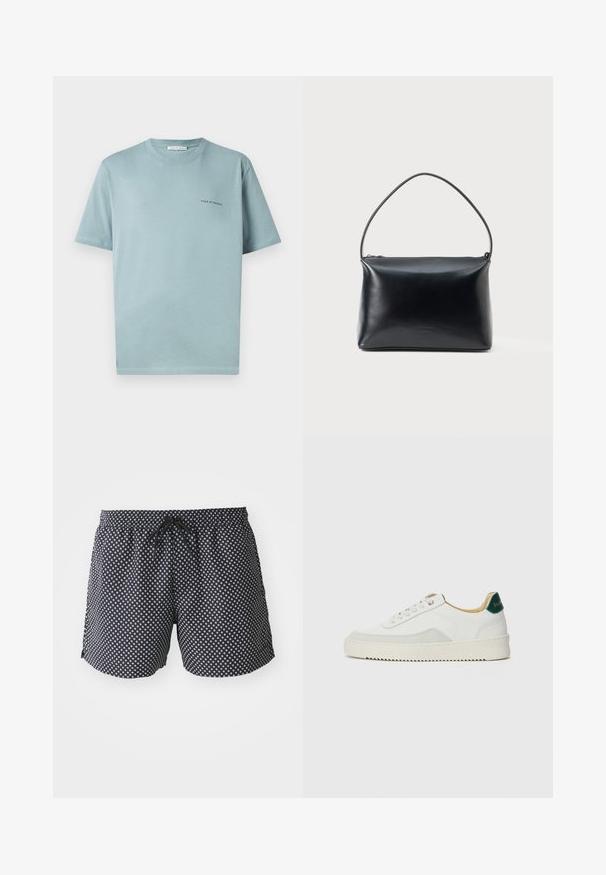 Tricou din bumbac bleu deschis, cu guler rotund, mâneci scurte și un mic logo "TIGER OF SWEDEN" pe pieptul stâng. Textură netedă.; Pantaloni de baie negri cu un model circular alb, talie elastică cu șnur și o croială lejeră pentru confort.; Sneaker alb cu accente din suede, vârf rotund, șireturi plate și o talpă din cauciuc crem. Are un logo verde pe călcâie.; Geantă din piele neagră, netedă, cu un singur maner curbat și închidere cu fermoar în partea de sus, prezentată pe un fundal alb simplu.