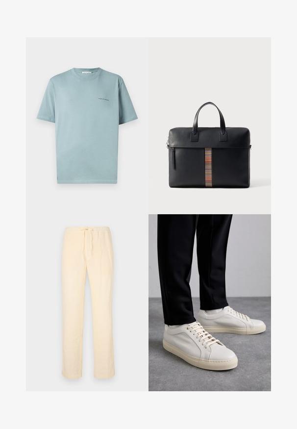 Lichtblauw katoenen T-shirt met een ronde hals, korte mouwen en een klein "TIGER OF SWEDEN" logo op de linkerkant van de borst. Gladde textuur.; Lichtgele, losse broek gemaakt van zacht materiaal, met een elastische tailleband en een tunnelleer, en rechte pijpen.; Lichtbeige leren sneakers met platte veters, een gestructureerd oppervlak en een contrasterende crème-kleurige rubberen zool, gecombineerd met zwarte taps toelopende broek.; Paul Smith BAG FOLIO UNISEX - Aktetas - black