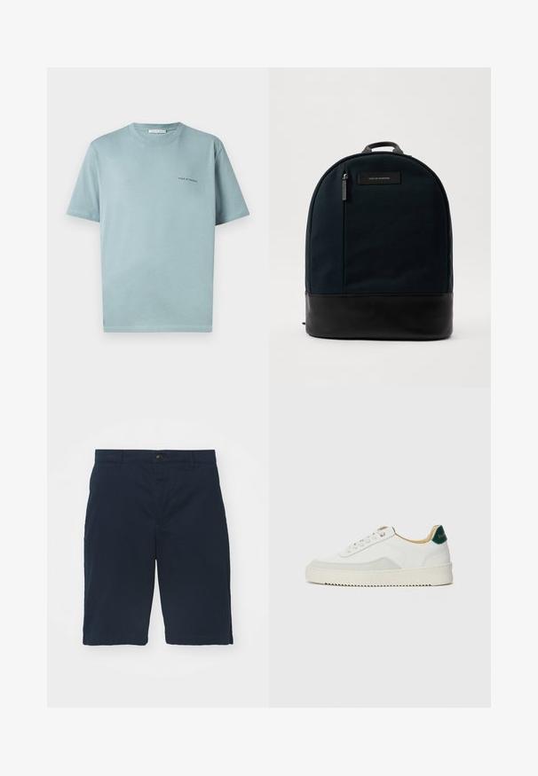 Jasnoniebieska bawełniana koszulka z okrągłym dekoltem, krótkimi rękawami i małym logo "TIGER OF SWEDEN" na lewej piersi. Gładka struktura.; Granatowe szorty wykonane z bawełny, z płaskim przodem, zapięciem na guziki i bocznymi kieszeniami. Długość do kolan, o gładkiej fakturze i czystych szwach.; Białe trampki z zamszowymi akcentami, zaokrąglony czubek, płaskie sznurowadła i kremowa gumowa podeszwa. Posiadają zielone logo na pięcie.; Plecak z ciemnozielonym materiałem i czarnym skórzanym dnem. Posiada uchwyt u góry i przednią kieszeń na zamek z metką.