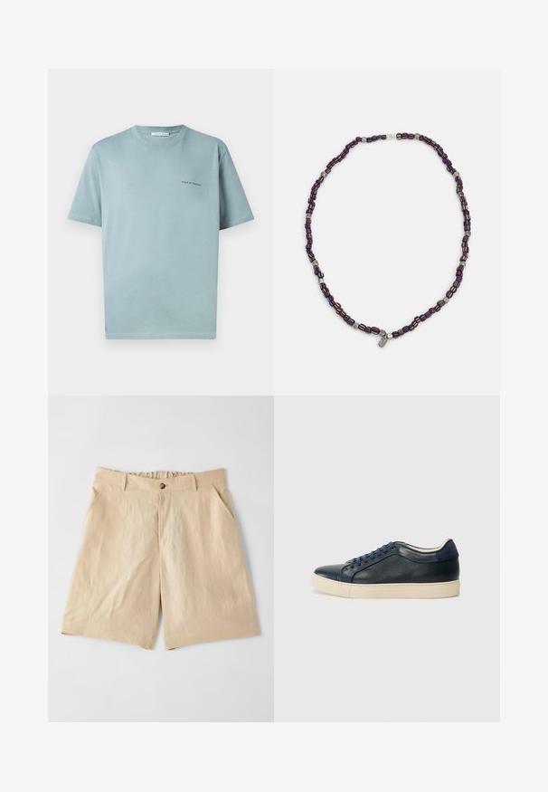 Šviesiai mėlynas medvilninis marškinėliai su apykakle, trumpomis rankovėmis ir mažuoju "TIGER OF SWEDEN" logotipu kairiajame krūtinės puseje. Lygus tekstūras.; Paul Smith Šortai - sand; Tamsiai mėlynos odinės sportbačiai su kreminiu guminiu padu, turintys mėlynas raišteles ir lygų paviršių. Suapvalintas pirštas ir minimalistinis dizainas.; Daugiaspalvė karoliukų apyrankė su tamsiai mėlynais, raudonais ir geltonais karoliukais, išsidėsčiusiais kartu su sidabriniais akcentais ir kabamu žavesiu.