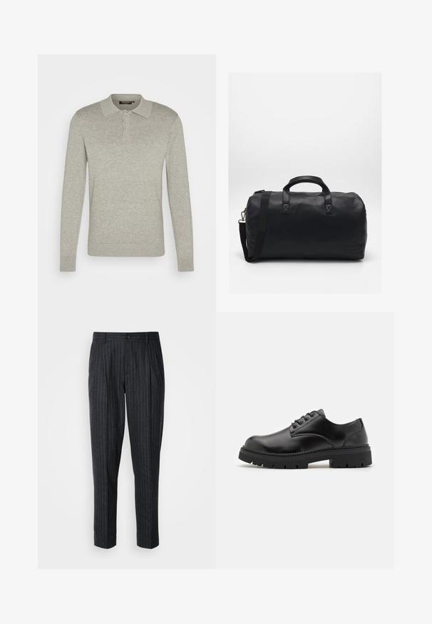 Polo de manga larga en gris claro, hecho de una tela suave, con una tapeta de tres botones y puños acanalados, con un diseño de cuello clásico.; Pantalones ajustados en tela gris oscuro con finas rayas verticales; cuentan con un cierre de botón y un diseño de frente plisado.; Zapatos de cuero negro con punta redondeada, diseño con cordones y una suela de goma gruesa y texturizada. Presentan costuras a lo largo del borde y un acabado suave.; Bolsa de deporte negra hecha de material sintético texturizado. Cuenta con dos asas y una correa de hombro ajustable. Diseño sencillo sin patrones visibles.