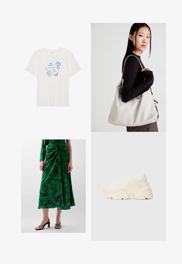 Even&Odd Printtipaita - egret; Vihreä kuvioitu hame, jossa on rypytetty muotoilu, valmistettu kevyestä kankaasta. Ominaisuuksiin kuuluvat violetit ja mustat yksityiskohdat. Yhdistetty mustien korkokenkien kanssa.; Paksut valkoiset lenkkarit, jotka on valmistettu teksturoidusta verkosta ja synteettisistä materiaaleista. Kenkäparissa on paksu pohja ja monimutkaisat kuviohuokoset sivuilla.; Beige laukku, joka on valmistettu pehmeästä materiaalista, ja siinä on rento muotoilu, ommeltu yksityiskohtia ja kaksi olkahihnaa. Sopii päivittäiseen käyttöön.