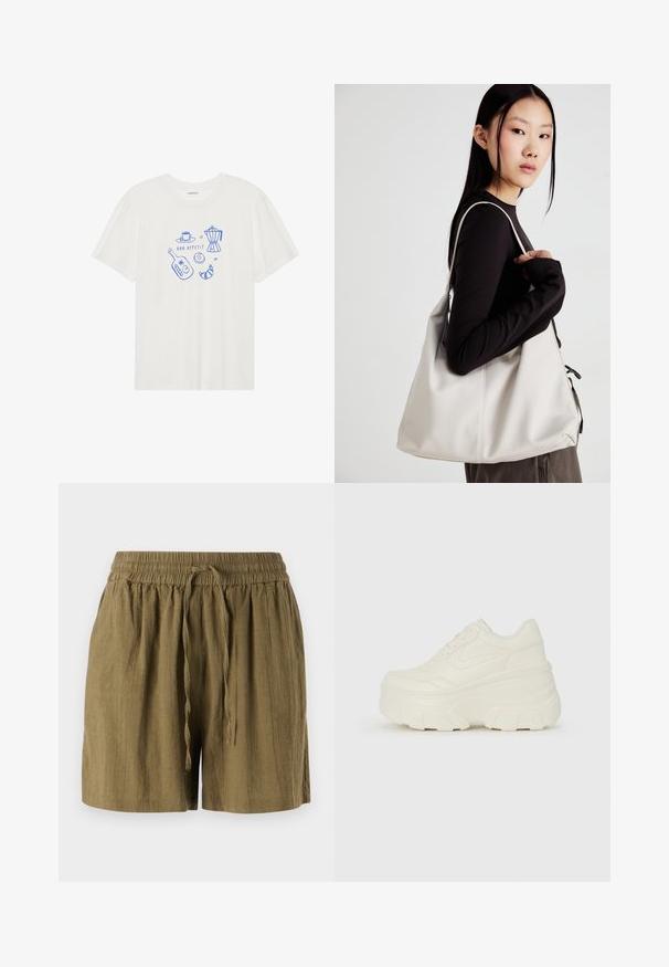 Even&Odd T-Shirt print - egret; Olivegrüne, lockere Shorts aus leichtem Stoff, mit elastischem Bund und Kordelzug für eine entspannte, großzügige Passform.; Weiße Platform Sneakers mit einem glatten, lederähnlichen Obermaterial, abgerundeter Form, gepolstertem Kragen und strukturierten Gummisohlen mit ausgeprägten Stollen.; Beige Handtasche aus weichem Material, mit einem lässigen Design, gesteppten Details und zwei Schulterriemen. Geeignet für den täglichen Gebrauch.