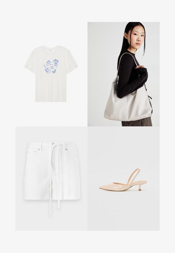 Even&Odd Apdrukāts T-krekls - egret; Biezi balti džinsu šorti ar aukliņu viduklī, kas aprīkoti ar divām priekšējām kabatām un gludu tekstūru. Dizains ir vienkāršs un klasiskas formas, bez rakstiem.; Bežīgas lakotas ādas slingback papēži ar smailu purngalu un šauru, kvadrātveida papēdi. Gluda tekstūra un minimālistisks dizains bez dekorēšanas elementiem.; Bežs rokassoma, izgatavota no mīksta materiāla, ar brīvu dizainu, izšūtu apdari un divām plecu siksnām. Piemērota ikdienas lietošanai.