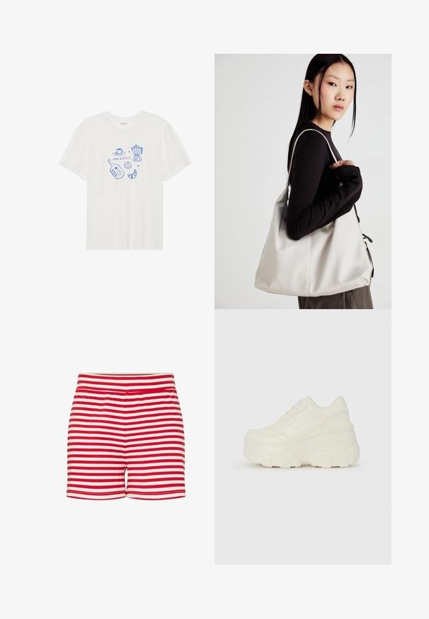 Even&Odd Marškinėliai su spaudiniu - egret; Raudonos ir baltos juostuotos šortai, minkšta medvilnės medžiaga, elastinga juosmens juosta, kasdieniškas dizainas, iki šlaunų ilgio, vienodos juostos.; Baltos platformos sportbačiai su lygiu odos primenančiu paviršiumi, apvalia forma, paminkštintu apykakle ir tekstūruotu guminiu padu su ryškiais protektoriais.; Bežinė rankinė, pagaminta iš minkštos medžiagos, turinti laisvą dizainą, siuvinėtas detalės ir dvi petnešos. Tinkama kasdieniam naudojimui.