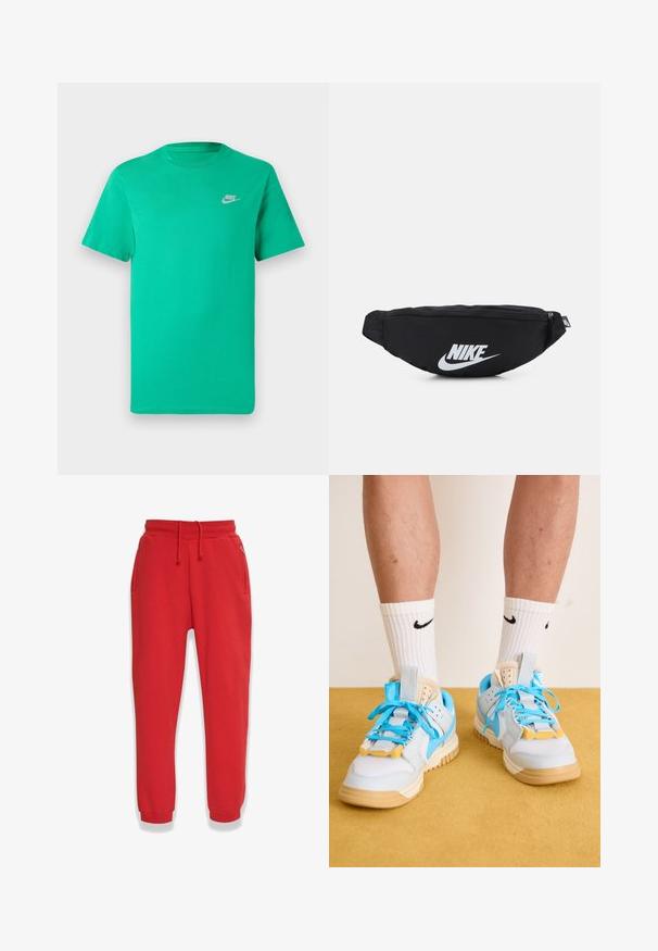 Zelené bavlnené tričko s okrúhlym výstrihom, krátkymi rukávmi a malým bielym logom Nike na hornej ľavej strane. Hladká textúra.; Červené tepláky z mäkkého materiálu, s elastickým pásom na šnúrku, bočnými vreckami a zúženými nohavicami.; Svetlo modré tenisky s béžovými podrážkami, s výraznými tyrkysovými šnúrkami a žltými akcentmi. Textúrované materiály a viditeľné vzduchové vankúše.; Čierny nylonový ledvinkový batoh so zipsovým uzáverom, s veľkým bielym logom Nike. Hladký povrch a ergonomický dizajn pre pohodlné nosenie.