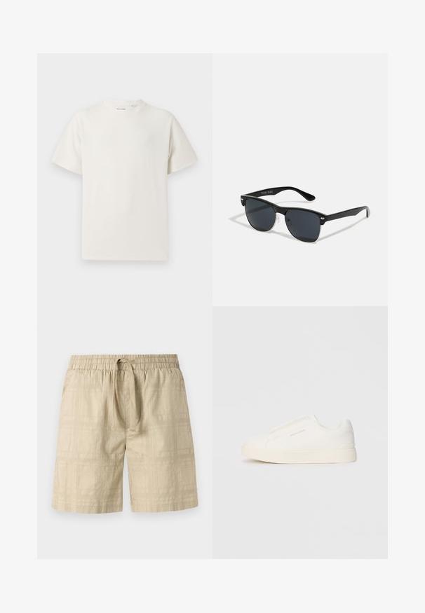 T-shirt blanc à manches courtes en texture côtelée. Encolure ronde, coupe décontractée, sans motifs ni accents visibles. Design simple et polyvalent.; Shorts beiges en tissu léger avec taille élastique et cordon de serrage, arborant un motif de grille subtil et une coupe droite.; Baskets blanches sans lacets avec une surface texturée, une semelle épaisse et un design minimaliste. Présente le logo de la marque sur le côté.; Lunettes de soleil noires de forme rectangulaire, verres foncés, accents argentés aux tempes et finition mate sur la monture.