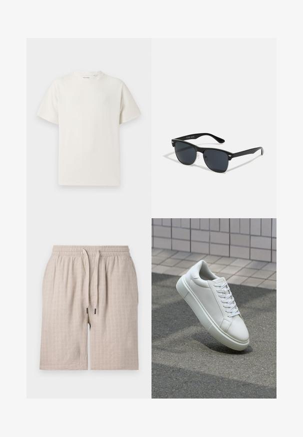 Hvit T-skjorte med kort erm i ribbestrikket tekstur. Rund hals, avslappet passform, ingen synlige mønstre eller detaljer. Enkelt og allsidig design.; Beige, strukturerte shorts med elastisk midje og snor. Har et subtilt rutemønster og løs passform. Ingen lommer synlige.; Hvit lær sneaker med glatt overflate, rund tå og flate hvite snøringer. Har en teksturert gummisåle og minimale design elementer.; Sorte solbriller med rektangulær form, mørke linser, sølvfargede detaljer ved templene, og en matt finish på rammen.