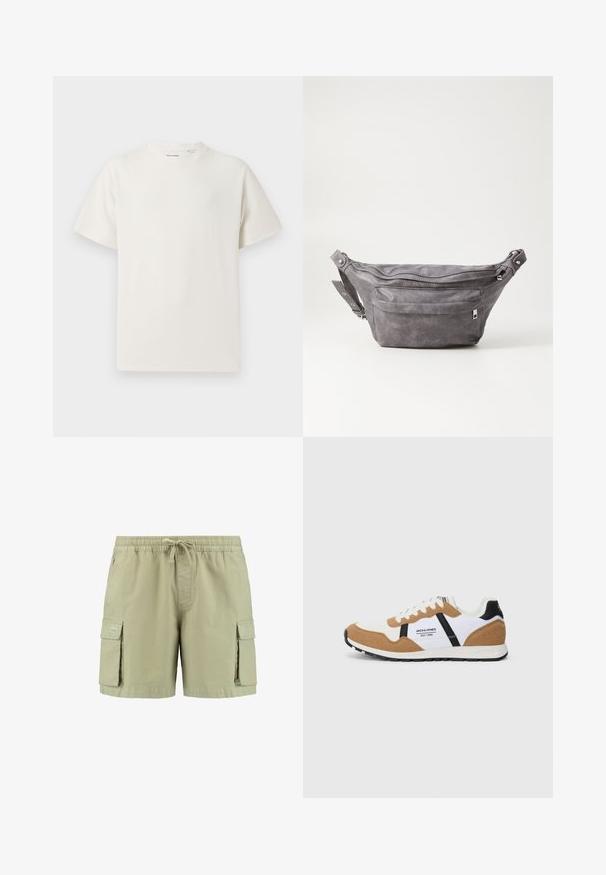 Balta trumpa rankovė T-polo marškinėlių su juostelėmis tekstūra. Apvalus iškirpimas, laisvas fasonas, jokių matomų raštų ar akcentų. Paprastas ir universalus dizainas.; Kaki spalvos cargo šortai su elastingu juosmeniu, raišteliu, dviem šoniniais kišenėmis ir dviem šoniniais cargo kišenėmis. Pagaminti iš lengvos medžiagos.; Retro stiliaus sportbačiai su balta, tan zomša, juodais akcentais, baltais raišteliais ir "Jack & Jones EST. 1990" logotipu šone.; Pilkas suedes fanny pack'as apvalios formos, su dviem užtraukiamais skyreliais ir reguliuojama diržele. Yra metaliniai aksesuarai.