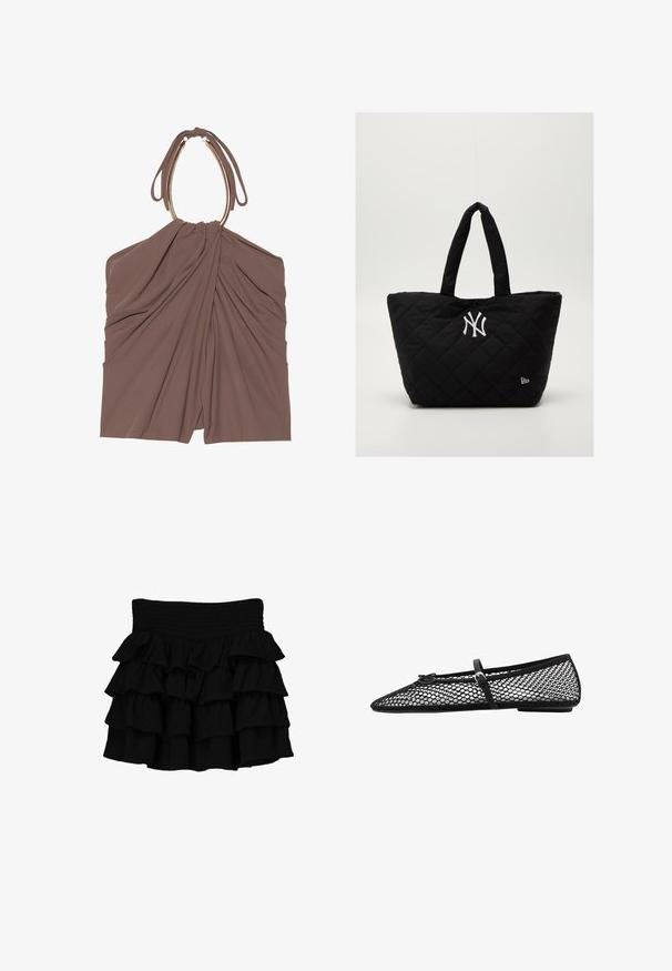 Ruskea kangastoppi, jossa on kerätty laskostus ja ainutlaatuinen halterneck-muotoilu. Ominaisuuksia ovat sileä pinta ja tyylikäs siluetti.; Musta rypistetty hame, jossa on smokkivyötärö. Hame on valmistettu pehmeästä kankaasta, ja siinä on kerroksellisia, laskeutuvia rypytyksiä, jotka tuovat lisää tekstuuria.; Musta verkkokuvioinen ballerinatyyppinen kenkä, jossa on kärjeltään terävä muoto ja koristelstrap, sekä huomaamaton yksityiskohta. Kenkässä on avoin verkkotyyli ja litteä pohja.; Mustikkavärinen tikattu kassi, jossa on tuplakahvat ja valkoinen New York Yankees -logo sekä pieni brändin emblem sivussa.