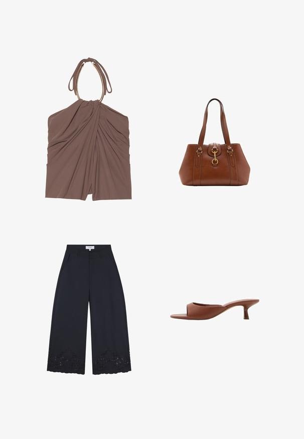 Brown fabric top with gathered draping and a unique halter neck design. Features a smooth texture and an elegant silhouette.; Wide-legged pants in navy fabric, featuring floral embroidery, decorative lace trim, and side pockets for added detail.; Brown open-toe heeled mules with a smooth, matte finish, featuring a curved design and a transparent, tapered heel.; Brown leather handbag with a structured shape, gold hardware accents, double shoulder straps, and a decorative buckle detail at the center.