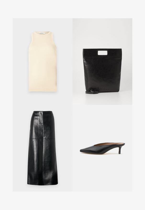 Lichtbeige mouwloze top van ribstof, met een ronde halslijn en een fitted ontwerp. Glad oppervlak met minimale naden.; Zwarte leren midi-rok met een gladde textuur, rechte snit en subtiele glans. Voorzien van een eenvoudige tailleband en zonder zichtbare sluitingen.; Zwarte leren muiltjes met een puntige neus en een lage, blokhak. Glad oppervlak met een gestroomlijnd ontwerp. Open achterkant met minimale details.; Zwarte leren draagtas met een vierkant handvat, met een gestructureerde afwerking en een reliëflogo. Inclusief een afneembare schouderband.