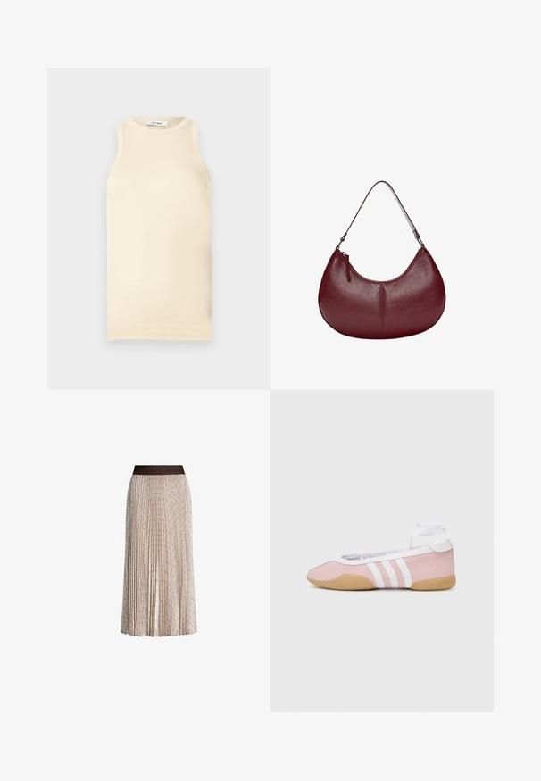 Light beige sleeveless top made of ribbed fabric, featuring a round neckline and fitted design. Smooth texture with minimal seams.; Pleated beige midi skirt with subtle geometric pattern and dark waistband featuring embossed "JOOP!" logo.; adidas Originals TAEKWONDO MEI BALLET - Trainers - clear pink/ftwr white/gum; Burgundy leather handbag with a curved shape. Features a single shoulder strap and a top zipper, showcasing a smooth, textured surface.