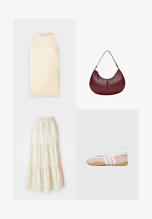 Fény bézs, ujjatlan felső, bordázott anyagból, kerek nyakkivágással és karcsúsított fazonnal. Simaszerkezet minimális varrásokkal.; Tejfehér, réteges midi szoknya elasztikus derékkal és húzózsinórral. Narancssárga oldalsávokkal és puha, sima pamut textúrával rendelkezik.; adidas Originals TAEKWONDO MEI BALLET - Sportcipő - clear pink/ftwr white/gum; Burgundi bőr kézitáska ívelt formával. Egyetlen vállpánttal és felső cipzárral rendelkezik, sima, textúrás felülettel.