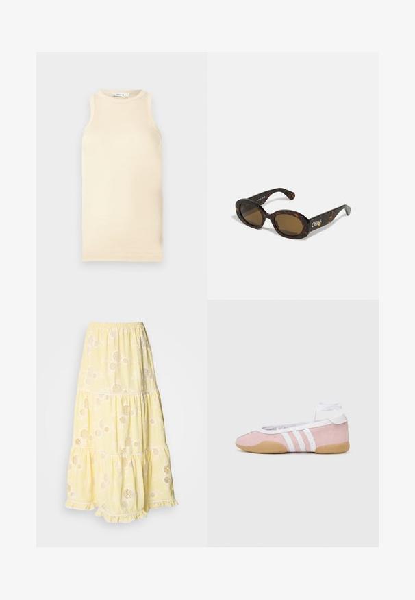 Top sans manches en beige clair, en tissu côtelé, avec un col rond et une coupe ajustée. Texture lisse avec des coutures minimales.; Jupe jaune à plusieurs niveaux en tissu léger, ornée de motifs floraux et de découpes circulaires. Taille élastique et bord en dentelle.; adidas Originals TAEKWONDO MEI BALLET - Baskets basses - clear pink/ftwr white/gum; Lunettes de soleil en écaille de tortue avec des montures ovales, des verres teintés bruns et le logo "Chloé" sur la branche. Matériau en plastique lisse avec finition brillante.