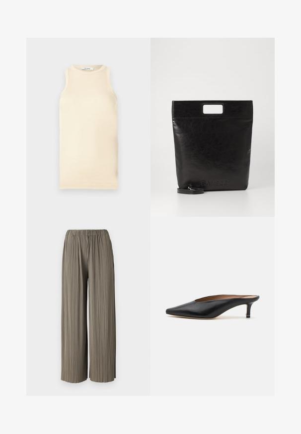 Light beige sleeveless top made of ribbed fabric, featuring a round neckline and fitted design. Smooth texture with minimal seams.; Pleated wide-leg trousers in muted olive green with an elastic waistband. The fabric has a smooth texture and noticeable vertical lines.; Black leather mules with a pointed toe and low, block heel. Smooth texture with a sleek design. Open back with minimal detailing.; Black leather tote bag with a square handle, featuring a textured finish and embossed logo. Includes a detachable strap.