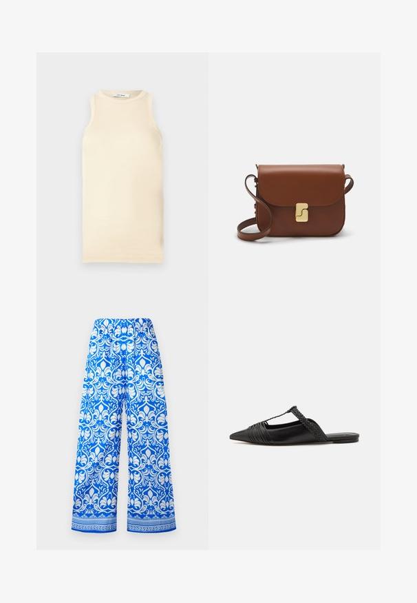 Svijetlosmeđa bezrukavna majica od rebrastog materijala, s okruglim izrezom i prilagođenim dizajnom. Glatka tekstura s minimalnim šavovima.; Plave i bijele hlače širokih nogavica s elastičnom futrom i složenim cvjetnim damask uzorkom, s ukrasnom bordurom blizu rubova.; Crne kožne cipele s remenom oko pete i šiljastim vrhom, s pletenim naglaskom i nabranim gornjim dijelom. Ravni đon s minimalnim hardverom.; Smeđa kožna torba s preklopom, zlatnim detaljima, remenom za nošenje preko ramena i glatkom teksturom. Kompaktni pravokutni oblik.