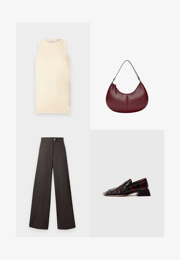 Top bej deschis fără mâneci, realizat dintr-un material ribbat, având un decolteu rotund și un design ajustat. Textură netedă cu cusături minime.; Pantaloni negri cu picioare largi, cu o textură netedă, având închidere cu un buton în față și un design curat, simplu. Fără modele sau accente vizibile.; Mocasini din piele laică de culoare burgundă închisă, cu finition texturat, toc mic și detalii clasice cu bandă pentru monede, prezentat din lateral.; Geantă de piele burgundy cu o formă curbată. Prezintă o curea de umăr unică și un fermoar superior, evidențiind o suprafață netedă, texturată.