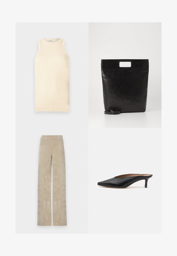 Light beige sleeveless top made of ribbed fabric, featuring a round neckline and fitted design. Smooth texture with minimal seams.; High-waisted, wide-leg pants in light beige corduroy, featuring vertical ribbing and a soft texture. Flat waistband for comfort.; Black leather mules with a pointed toe and low, block heel. Smooth texture with a sleek design. Open back with minimal detailing.; Black leather tote bag with a square handle, featuring a textured finish and embossed logo. Includes a detachable strap.