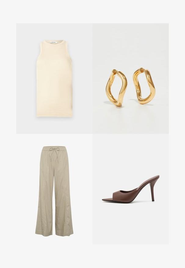 Lys beige ærmeløs top lavet af ribbet stof, med en rund halsudskæring og tætsiddende design. Glat tekstur med minimale sømme.; Beige viddebenede bukser lavet af et let materiale, med en elastisk talje i snoretræk og sidelommer. Glat tekstur, minimalistisk design.; Brune læder open-toe højhælede mules med et slankt design, der har en bred frontrem og en slank stiletto-hæl.; Guldfarvede hoops øreringe med en buet, uregelmæssig form og en glat, poleret overflade. Ingen synligt hardware eller dekorationer.