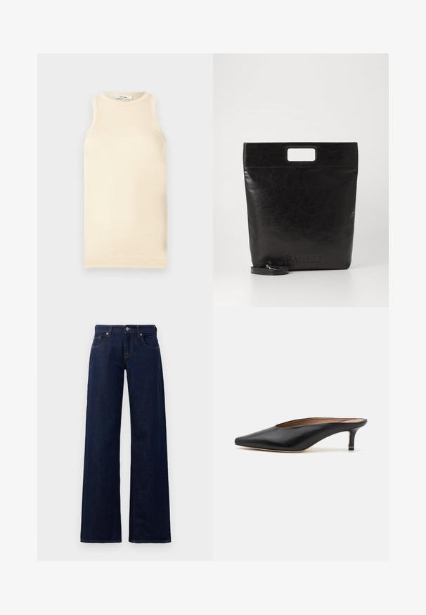 Lichtbeige mouwloze top van ribstof, met een ronde halslijn en een fitted ontwerp. Glad oppervlak met minimale naden.; Wijdvallende jeans van donkerblauwe denim, met een standaard vijf-pocket ontwerp, koperen stiksels en een knoopsluiting in de tailleband.; Zwarte leren muiltjes met een puntige neus en een lage, blokhak. Glad oppervlak met een gestroomlijnd ontwerp. Open achterkant met minimale details.; Zwarte leren draagtas met een vierkant handvat, met een gestructureerde afwerking en een reliëflogo. Inclusief een afneembare schouderband.