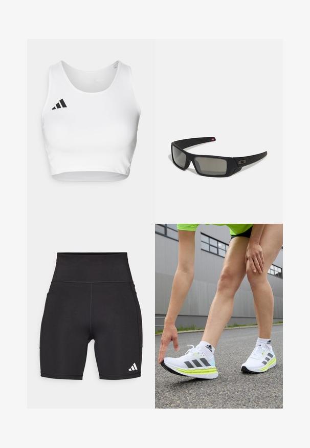 Valge spordipoe crop top sileda kangaga, ümmarguse kaelusega ja musta logo aktsendiga vasakul küljel.; Mustad mustad treeningshortid venivast kangast. Kõrge vöökoht, mõõdukas reie pikkus, alumisel vasakul küljel valge kolmest triibust koosnev logo.; adidas Performance ADISTAR 3 - Maanteejooksu jalatsid - footwear white/core black/pulse lime; Mustad mustaga viimistlusega prillid, ristkülikukujulised läätsed, templite kerge kõverus, diskreetne logo detail ja suitsutatud läätsed.