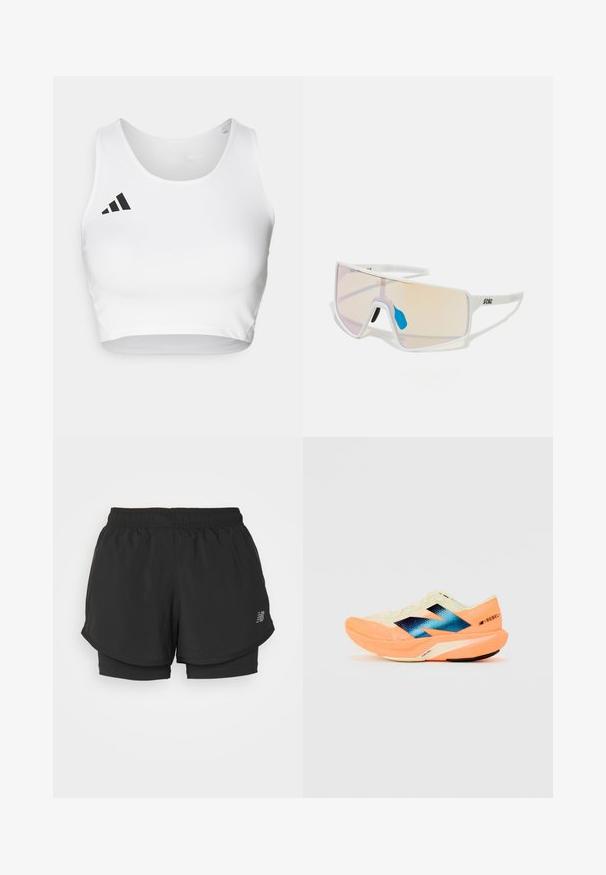 White sports crop top made of smooth fabric, featuring a round neckline and a black logo accent on the left side.; Black athletic shorts with an elastic waistband, featuring a layered design and an inner liner. The fabric appears lightweight and smooth.; Running shoe with a lightweight cream upper, blue branding, and orange accents on the sole. Mesh texture for breathability.; White-framed sunglasses with large, gradient lenses featuring a pink to light orange tint, accentuated by a blue nose piece and logo detail.