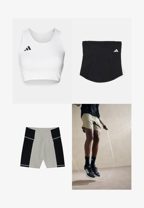 Balta sporta cropped krekla augšdaļa, izgatavota no gludas auduma, ar apaļu kakla izgriezumu un melnu logo akcentu kreisajā pusē.; Vīriešu peldšorti ar beigu centru un melnām sānu daļām. Izgatavoti no gludas auduma ar kontrastējošu šuvju. Vidēja garuma līdz augšstilbiem.; Melni sporta apavi ar baltām svītrām, olīvu zaļas šortas un tumši zilas zeķes. Individu valkā lēcēju virvi rokās. Neitrāla fona.; Melna sporta galvas lente ar gludu tekstūru, izliekta forma un elastīga augšdaļa. Malā ir mazs balts Adidas logo.