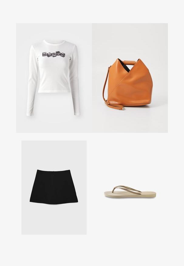 Bílé tričko s dlouhým rukávem vyrobené z měkké látky, zdobené potiskem černých kostek s písmeny. Úzký střih s kulatým výstřihem a délkou do pasu.; Černá minisukně s hladkým povrchem, áčkovým střihem a zakulaceným lemem. Obsahuje zadní zip pro zapínání, bez dalších vzorů nebo akcentů.; Světlobéžové žabky s texturovanou stélkou, plochou podrážkou a tenkými lesklými pásky. Na pásku je jemné logo.; Hnědá kožená kabelka s unikátním trojúhelníkovým skladem, horním uchem a odnímatelným ramenním popruhem na bílém pozadí.