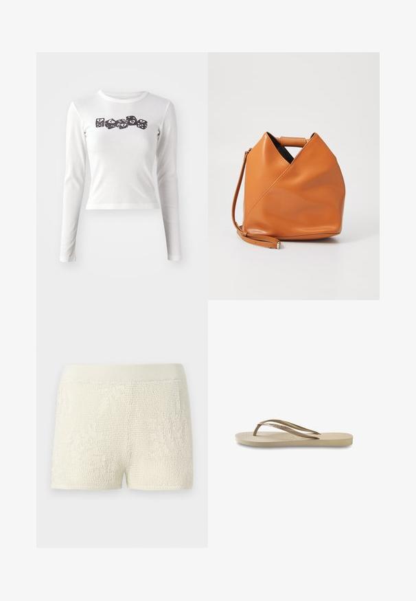 Chemise blanche à manches longues en tissu doux, ornée d'un imprimé de dés noirs avec des lettres. Coupe ajustée avec un col rond et une longueur au niveau du ventre.; Shorts tricotés en blanc cassé avec un motif texturé. Dotés d'une large ceinture élastique et d'une coupe ajustée.; Tongs légères beige clair avec un semelle texturée, semelle plate et des fines sangles brillantes. Présente un logo discret sur la sangle.; Sac à main en cuir tan avec un design de pli triangulaire unique, poignées supérieures et une bandoulière détachable sur fond blanc.
