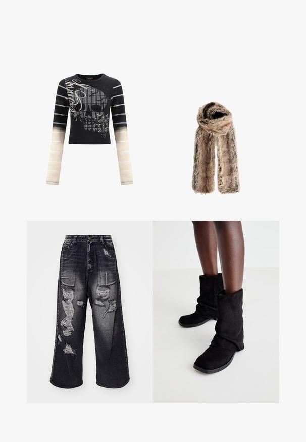 Czarna koszula z długim rękawem, z grafiką czaszki, ozdobnymi akcentami oraz rękawami w gradientowe paski, przechodzącymi w beż z szarymi liniami.; Jeans z wysokim stanem i szerokimi nogawkami w wyblakłym czarnym deni, z przetarciami z przodu, z zapięciem na guzik oraz pięcioma kieszeniami.; Czarne zamszowe botki za kostkę w luźnym stylu, z płaską podeszwą i kwadratowym noskiem, eksponowane na ciemnych nogach na jasnym tle.; Sztuczny futro szalik w odcieniach brązu o miękkiej fakturze, charakteryzujący się szerokim krojem i luźnym kształtem, zapewniający ciepło i komfort.