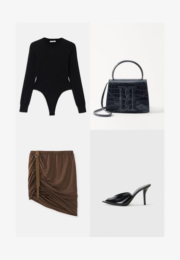 Bodysuit negro de manga larga con escote redondo, diseño ajustado y parte inferior estilo tanga. Fabricado en una tela suave y elástica para mayor comodidad.; Falda marrón hasta la rodilla en una tela suave y ligera; presenta detalles fruncidos y una correa lateral con un acento de anillo metálico.; Zuecos de tacón alto de cuero negro con punta abierta, diseño puntiagudo, textura suave y un delgado tacón de aguja.; Bolso de mano de cuero negro con estampado de cocodrilo, diseño estructurado, asa superior, correa ajustable y un destacado detalle del logotipo en la parte frontal.