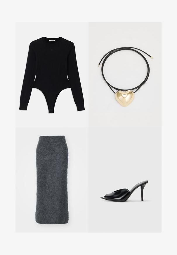 Sort langærmet bodysuit med rund halsudskæring, tætsiddende design og thong-lignende bund. Fremstillet af blødt, elastisk stof for komfort.; Grå uld blyantskørt med en blød, fuzzy tekstur. Har en tætsiddende silhuet og en knælængde design. Ingen synlige metaldele eller mønstre.; Sorte læder højhælede mules med åbent tådesign, spidse former, glat tekstur og en slank stiletto hæl.; Sorte flettede snorehalskæde med en poleret guldhjertevedhæng med glatte kurver og en blank finish.