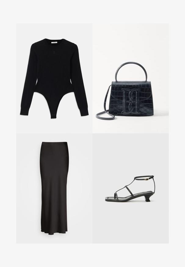 Schwarzer Langarm-Bodysuit mit rundem Ausschnitt, figurnaher Passform und Tanga-Style. Hergestellt aus weichem, elastischem Material für hohen Tragekomfort.; Schwarzer, bodenlanger Satinrock mit glatter Textur, tailliertem Bund und A-Linien-Silhouette, ohne sichtbare Verzierungen oder Muster.; Schwarze Ledersandale mit quadratischer Zehenpartie, dünnen Riemen, verstellbarem Knöchelriemen und einem niedrigen Absatz. Mit einem kleinen goldenen Akzent am Riemen.; Schwarze Handtasche aus Krokodilprägung mit strukturiertem Design, Oberhandgriff, verstellbarem Tragegurt und einem auffälligen Logo-Detail auf der Vorderseite.
