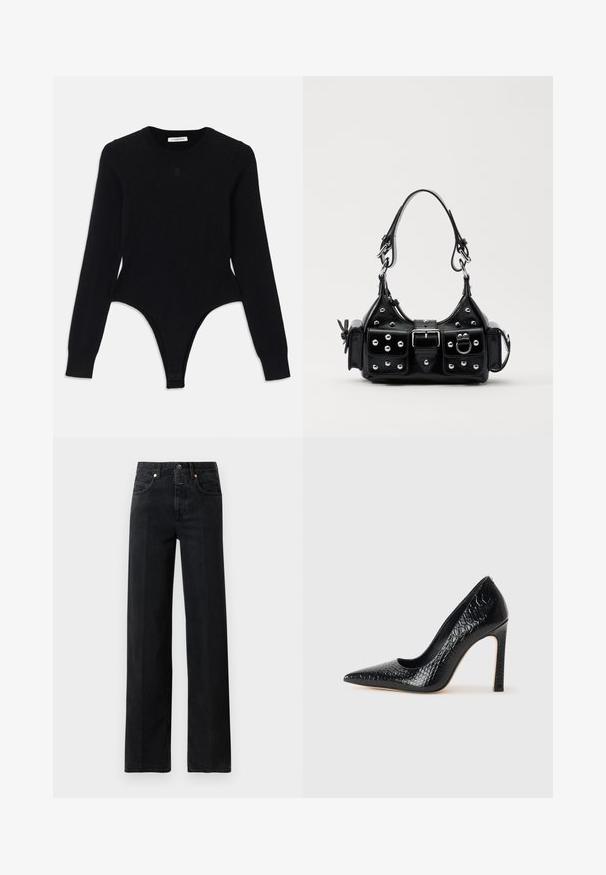 Černý body s dlouhými rukávy a kulatým výstřihem, přiléhavý střih a spodní část ve stylu tang. Vyrobeno z měkkého, elastického materiálu pro pohodlí.; Černé džíny z denimu se střihem rovného nohavice. Mají pět kapes, zapínání na knoflík a minimální detaily prošívání. Klasický design.; Černý lodičkový bot s špičatou špičkou, pokrytý texturou krokodýlí kůže, s elegantním designem, vysokým stiletto podpatkem a hladkým černým interiérem.; Černá kožená kabelka s křivkovým designem, zdobená stříbrnými hřebíky, s přezkou a dvěma bočními kapsami. Nastavitelný popruh pro různé možnosti nošení.