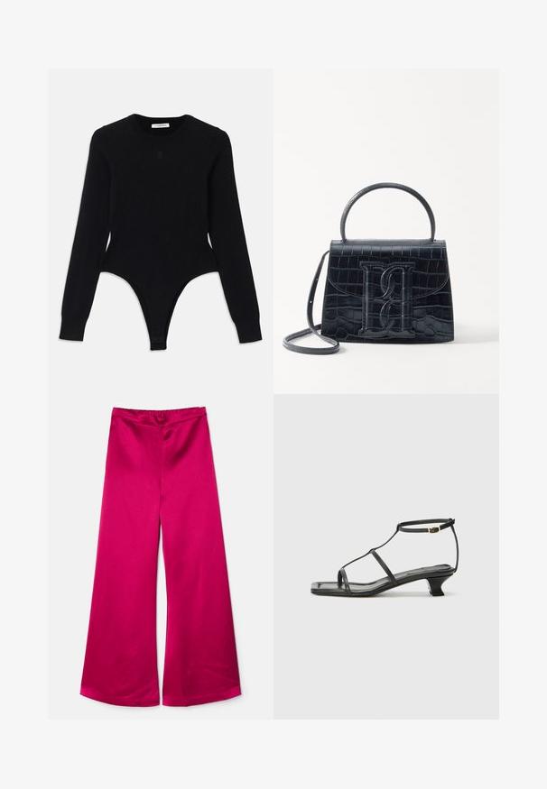 Musthave musta pikkade varrukatega bodi ümmarguse kaelusega, tugevdatud disainiga ja stringsistiilis alumine osa. Valmistatud pehmest ja elastse kangast, et tagada mugavus.; By Malene Birger LUCEE - Püksid - wild berries; Must värviline nahk sandaal ruudukujulise varbaga, õhukeste rihmadega, kohandatava pahkluu rihmaga ja madala kandaga. Rihmal on väike kuldne aktsent.; Must musta krokodillimustriga nahast käekott, millel on struktureeritud disain, ülemine käepide, reguleeritav rihm ja silmapaistev esiküljel logo detail.