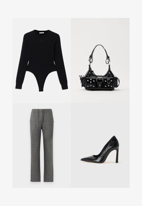 Schwarzer Langarm-Bodysuit mit rundem Ausschnitt, figurnaher Passform und Tanga-Style. Hergestellt aus weichem, elastischem Material für hohen Tragekomfort.; Graue, strukturierte Hose mit elastischem Bund und geradem Bein. Verfügt über ein subtile Muster für zusätzlichen visuellen Reiz.; Schwarzer, spitz zulaufender High Heel mit Krokodilleder-Struktur, elegantem Design, hohem Stiletto-Absatz und glattem schwarzen Innenraum.; Schwarze Lederhandtasche mit einem geschwungenen Design, verziert mit silbernen Nieten, einer Schnalle und zwei seitlichen Taschen. Verstellbarer Träger für verschiedene Tragemöglichkeiten.