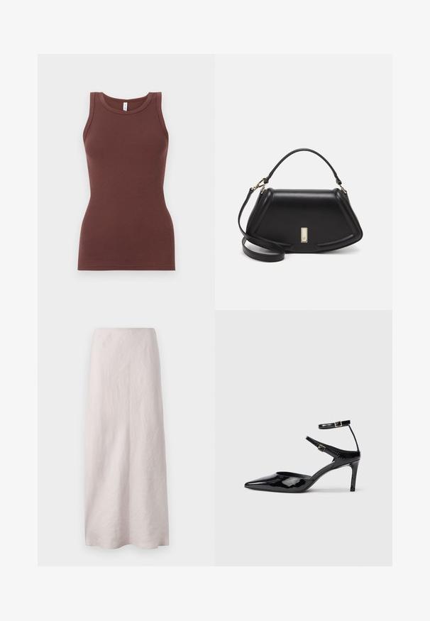 Débardeur marron à côtes avec un col rond et sans manches. Fabriqué en tissu doux, de forme ajustée sans embellissements ni motifs.; Jupe maxi en lin rose pâle au design épuré et droit. Le tissu présente une surface légèrement texturée et une taille élastique.; Talons en cuir verni noir avec un bout pointu, des sangles de cheville ajustables et un talon fin. Texture lisse avec une finition brillante.; Sac à main en cuir noir avec un design structuré, featuring une forme cropped, une poignée supérieure et des accents en matériel doré. Bandoulière réglable incluse.