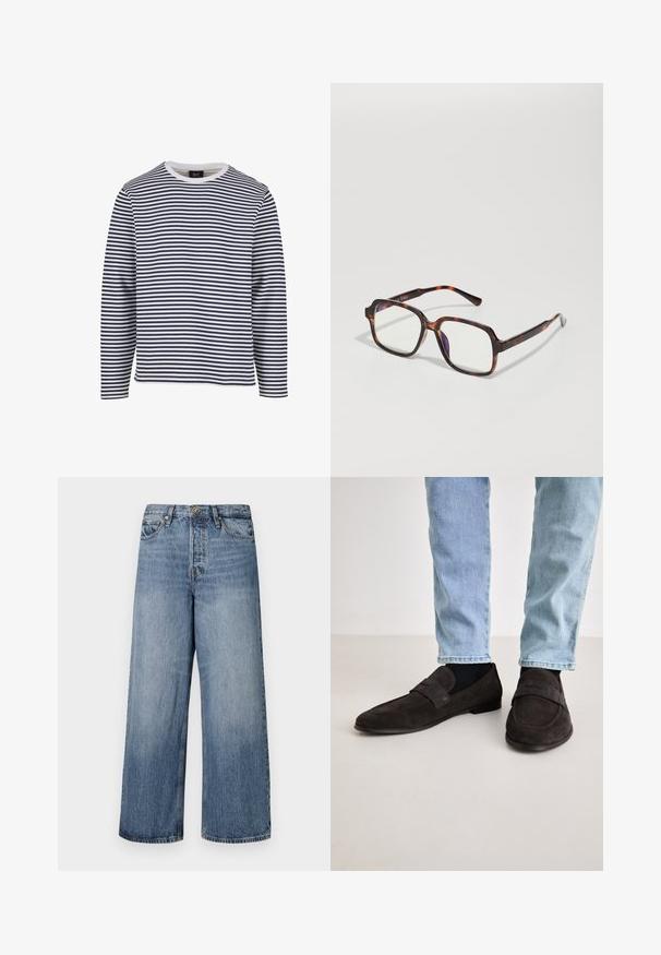 Ilgais rankovėmis marškiniai su tamsiai mėlynomis ir baltais horizontaliais raštais, apvaliu iškirpimu, pagaminti iš medvilnės, laisvas kirpimas.; Platus blekno džinsai su išblukusiu skalbimu, penkių kišenių dizainu ir mygtukų uždarymu. Įrengti diržo kilpomis ir siuvinėjimu.; Tamsiai rudi zomšiniai loaferiai su plokščiu padu ir plačia juosta viršuje. Dėvimi su šviesiai mėlynomis džinsinėmis kelnėmis ir juodomis kojinėmis.; Sniego akiniai su kvadrato formos rėmeliais, skaidriais lęšiais ir plonais laikikliais, kuriuose yra subtilus logo detalė. Matinis ir blizgus apdaila.; Sidabrinis pakabukas su bangos dizainu, susipynusiu su liūto veidu, kabantis ant storos grandinėlės. Tekstūruota paviršius prideda detalumo.