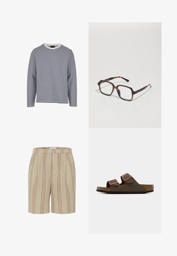 Ilgais rankovėmis marškiniai su tamsiai mėlynomis ir baltais horizontaliais raštais, apvaliu iškirpimu, pagaminti iš medvilnės, laisvas kirpimas.; Juostuoti šortai šviesiai rožinės ir smėlio spalvos, su tekstūriniu audiniu, elastingu juosmeniu ir šoninėmis kišenėmis. Ilgis iki vidurio šlaunies.; Rudos dviem diržais sandalai su vario spalvos sagtimis, kamščio padas ir guminiu padu. Išskirtinis dizainas su reguliuojamais diržais, užtikrinančiais patogų pritaikymą.; Sniego akiniai su kvadrato formos rėmeliais, skaidriais lęšiais ir plonais laikikliais, kuriuose yra subtilus logo detalė. Matinis ir blizgus apdaila.