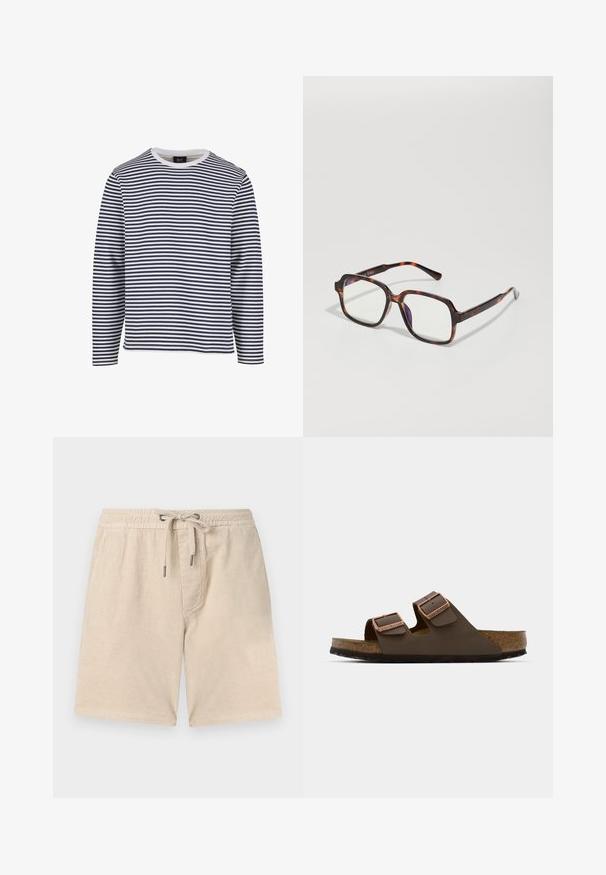 Chemise à manches longues avec des rayures horizontales bleu marine et blanches, col rond, en matériau coton, et coupe décontractée.; Shorts en velours côtelé beige avec une taille élastique, une fermeture à cordon de serrage et des poches latérales ; présentent une texture côtelée verticale.; Sandale marron à deux brides avec boucles couleur cuivre, semelle en liège et semelle extérieure en caoutchouc. Design élégant avec brides ajustables pour un bon maintien.; Lunettes de soleil en écaille de tortue avec des montures carrées, des verres transparents et des branches fines arborant un discret logo. Fini mat et brillant.; Pendentif en argent présentant un design de vague entrelacé avec le visage d'un lion, suspendu à une chaîne épaisse. La surface texturée ajoute du détail.