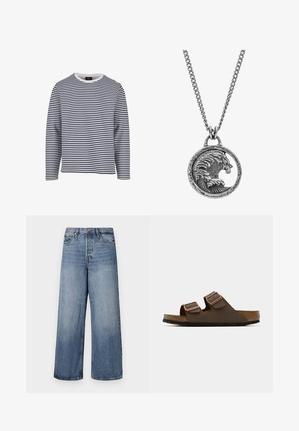 Pikad varrukad, tumesiniste ja valgete horisontaalsete triipudega särk, ümar kaelus, puuvillane materjal ja mugav lõige.; Laia siniste denimpükse, millel on pleekinud pesu, viie tasku disain ja nööbi sulgemine. Varustatud vööde jaoks silmadega ja õmblustega detailidega.; Pruunid kahe rihmaga sandaalid vasktooniliste pandlitega, korkjalad ja kummist väljalaske pind. Sujuv disain reguleeritavate rihmadega sobivuse tagamiseks.; Hõbedast kaelakee, millel on ümmargune ripats laine ja lõvi kujundusega, detailse tekstuuriga ning kett, millel vahelduvad siledad ja tekstuuriga lingid.