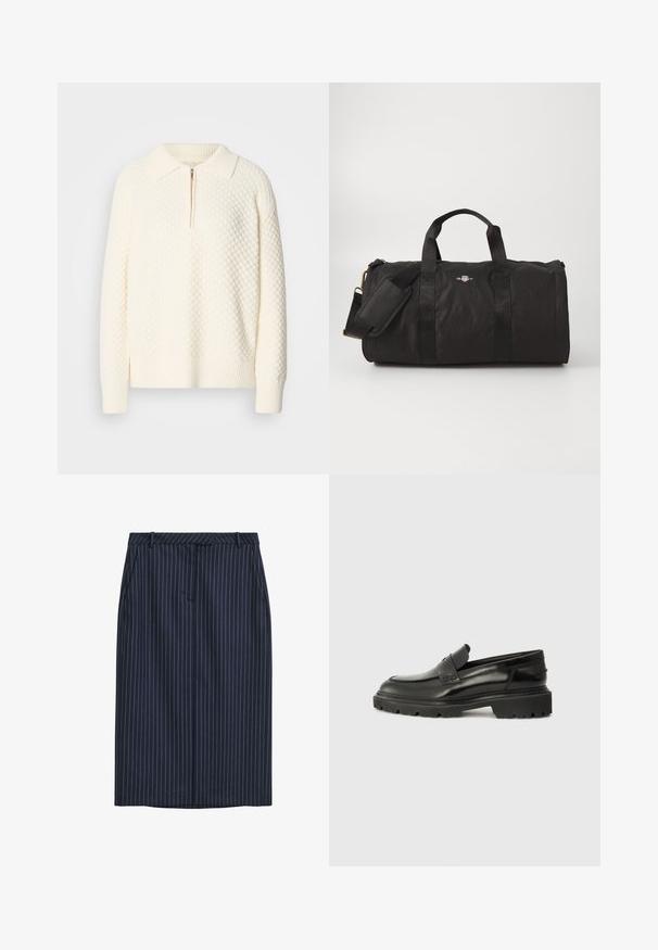 Pulover alb tricotat cu un model texturat, fermoar la jumătate și guler și manșete cu nervuri. Materialul pare moale și confortabil.; Fustă creion cu dungi navy, cu croi drept, buzunare frontale, o talie și o textură netedă. Fără închideri sau prinderi vizibile.; Pantofi slip-on din piele neagră cu vârf rotund, talpă groasă texturată și detalii subtile de cusătură. Au un logo mic pe spate.; Geantă duffel neagră, fabricată dintr-un material durabil, având două mânere superioare, o curea de umăr ajustabilă și un detaliu cu logo pe față.