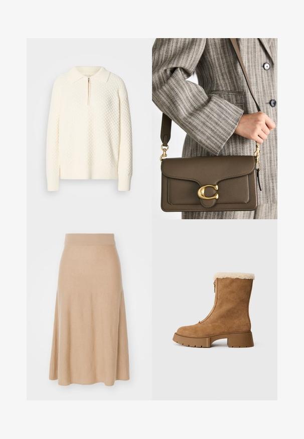 Valkoinen neulepusero, jossa on teksturoitu kuosi, puolivälin vetoketju sekä ribbaatut kaulus ja hihansuut. Materiaali näyttää pehmeältä ja mukavalta.; Neulekangas, levenevä hame beige värissä, jossa on leveä joustava vyötärönauha ja sileä pinta. Polven pituinen yksinkertaisella, koristelemattomalla muotoilulla.; Ruske nubuk ankle boot s fluffy krem podlogom, bočnim patentnim zatvaračem i debelim gumastim potplatom. Ima gladak tekstur i zaobljen vrh.; COACH TABBY SHOULDER BAG 26 - Käsilaukku - dark stone; Guess STYLISH - Rannekoru - yellow gold-coloured
