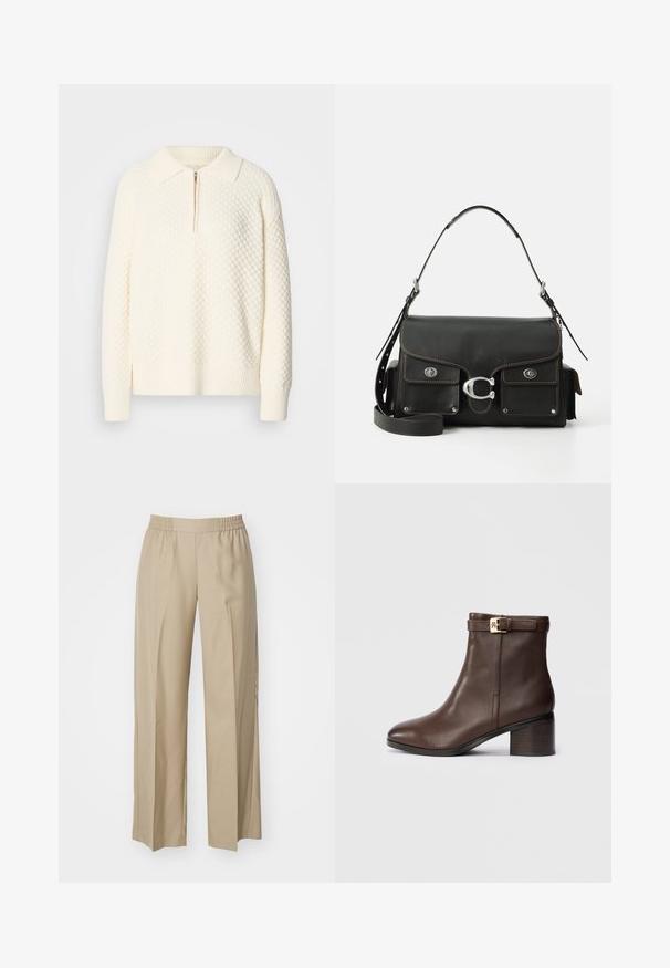 Biely pletený pulóver s textúrovaným vzorom, polovičným zipsom a rebrovaným golierom a manžetami. Materiál vyzerá mäkko a útulne.; Béžové široké nohavice vyrobené z mäkkej tkaniny; majú elastický pás so zberaným detailom; minimalistický dizajn bez vreciek.; Hnedé kožené členkové topánky s okrúhlou špičkou, nízkym blokovým podpätkom a dekoratívnym prackovým pásikom okolo členku. Hladká textúra a elegantný dizajn.; Čierna kožená kabelka s klopou, striebornými kovovými prvkami, dvoma prednými vreckami, kontrastným prešívaním a odnímateľným ramenným popruhom.