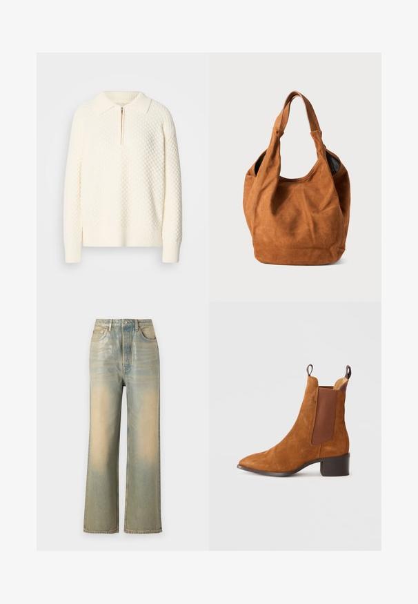 Bela pletena pulover s teksturiranim vzorcem, pol zadrgo ter rebrastim ovratnikom in manšetami. Material se zdi mehak in udoben.; Široke denim hlače v zbledeli modri in kream barvi, z zaščitnim petim žepom in minimalnimi šivi.; Rjavi nubuk srednji čevelj z usnjeno konico, elastičnimi stranskimi paneli in nizko blokasto peto. Ima zanko za lažje obuvanje.; Rjava semiš torba za ramo z mehkobo, ukrivljeno obliko in dvema ročajema. Ima minimalen dizajn brez vidnih kovinskih delov ali okrasnih elementov.
